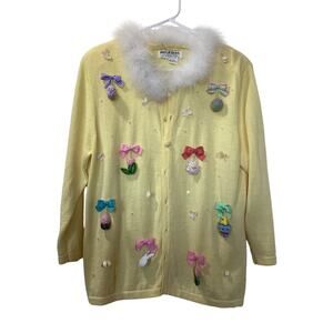 Vintage Jack B Quick Yellow Medium Ugly Easter Sweater Cardigan embellished